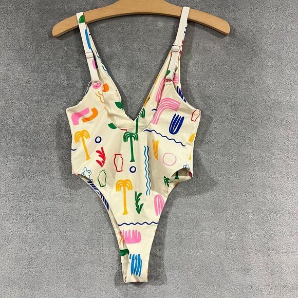 Aurelle Palmier One Piece Swimsuit Retro Print Bathing Suit High Waist Sz S NEW - Picture 6 of 7